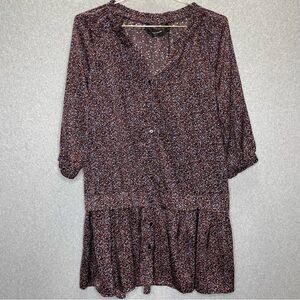 Code x Mode Drop Waist Button Front Ruffle Skirt Satin V Neck Dress